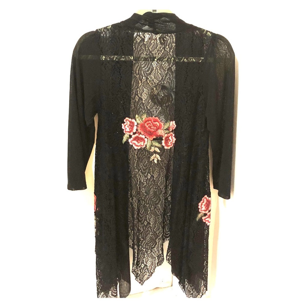 black, light knit sweater with rose pattern